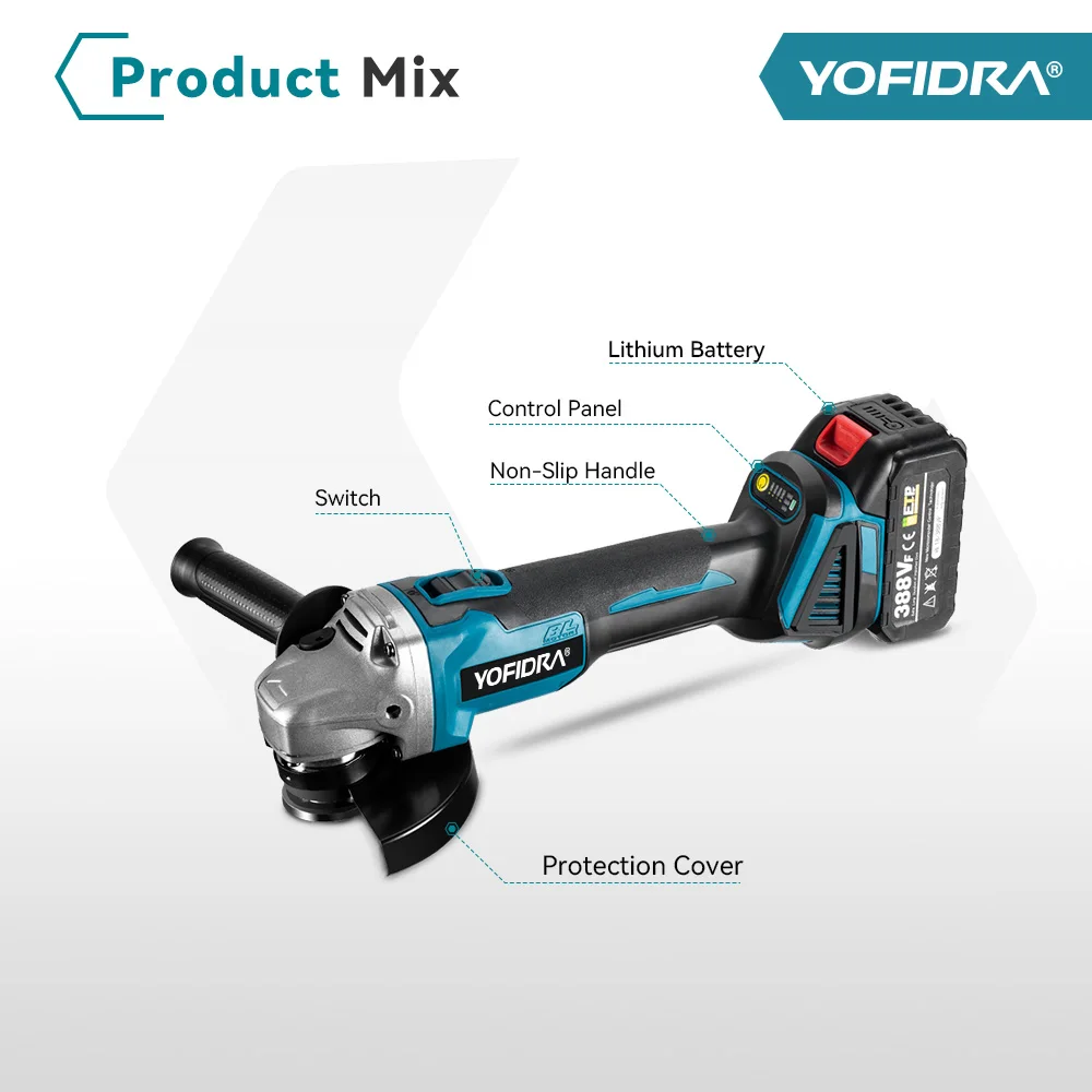 Yofidra 125mm Brushless Angle Grinder 4 Gears Cordless Grinding Machine Cutting Woodworking Power Tool For Makita 18V Battery