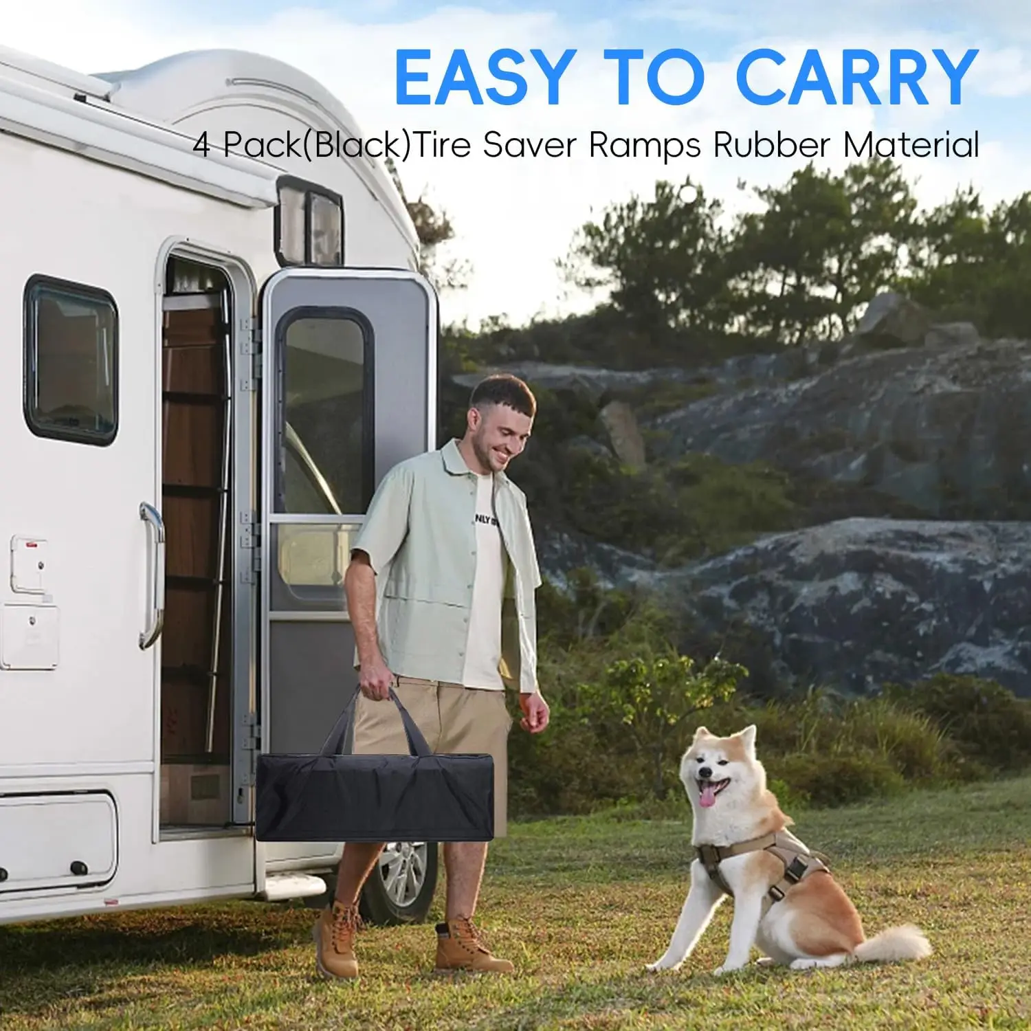 منحدرات توفير الإطارات المطاطية لتخزين السيارة، تصميم مضاد للانزلاق يمنع البقع المسطحة، سهل التخزين مع حقيبة، 4 عبوات باللون الأسود