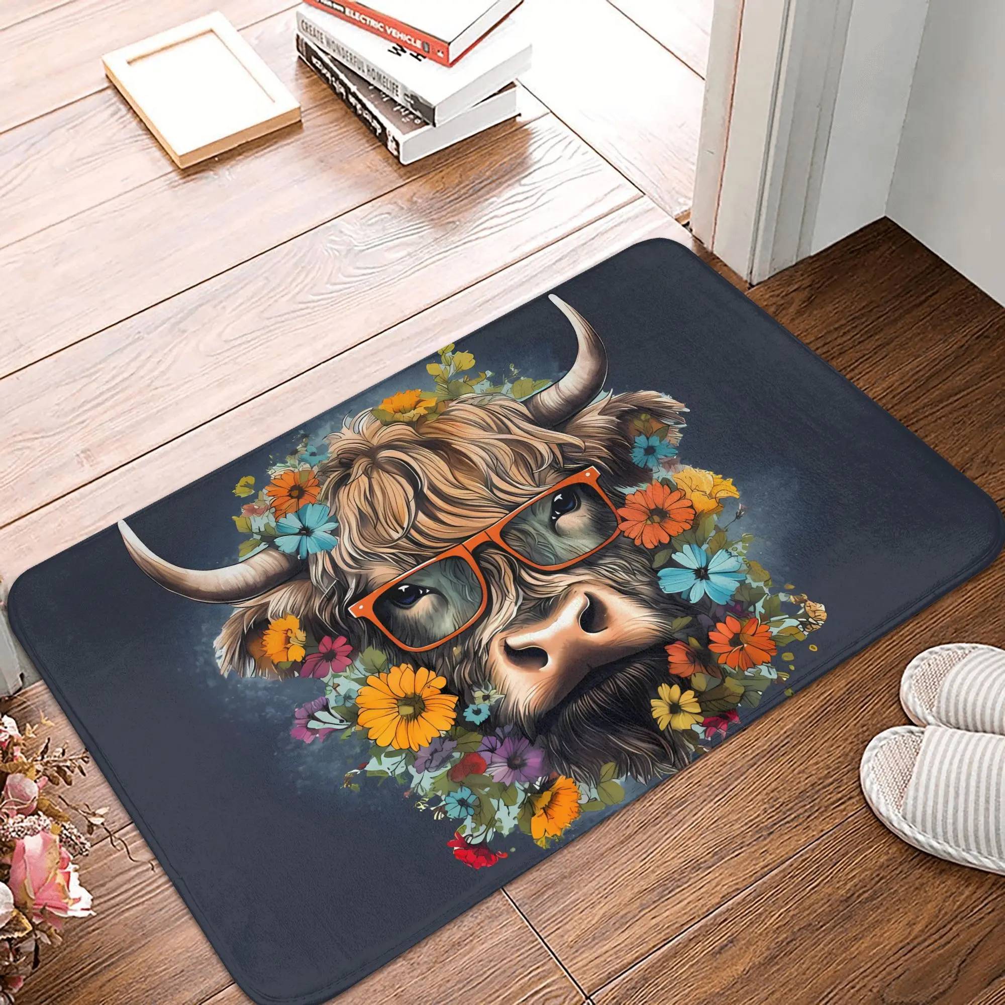 Hooglandkoe met bril, bloemenp - Highland Home Textiles recensie en prijs