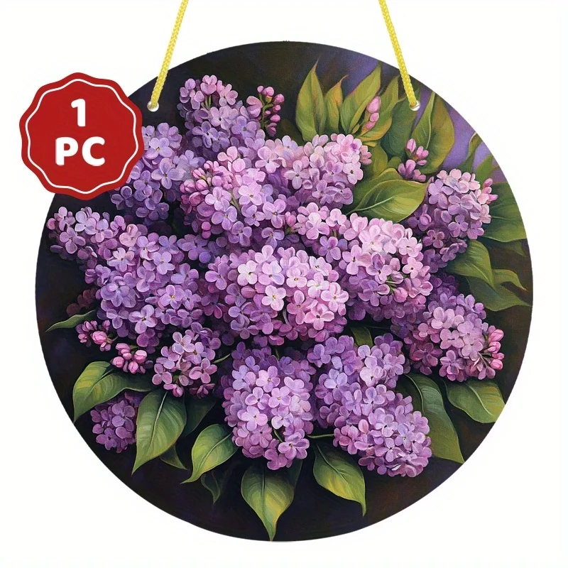 2D flaches 1-teiliges rundes Retro-Wandschild aus Holz – blühende lila Blumenkunst, Dekoration für Zuhause, Büro, Café, kreisförmiges Holzschild
