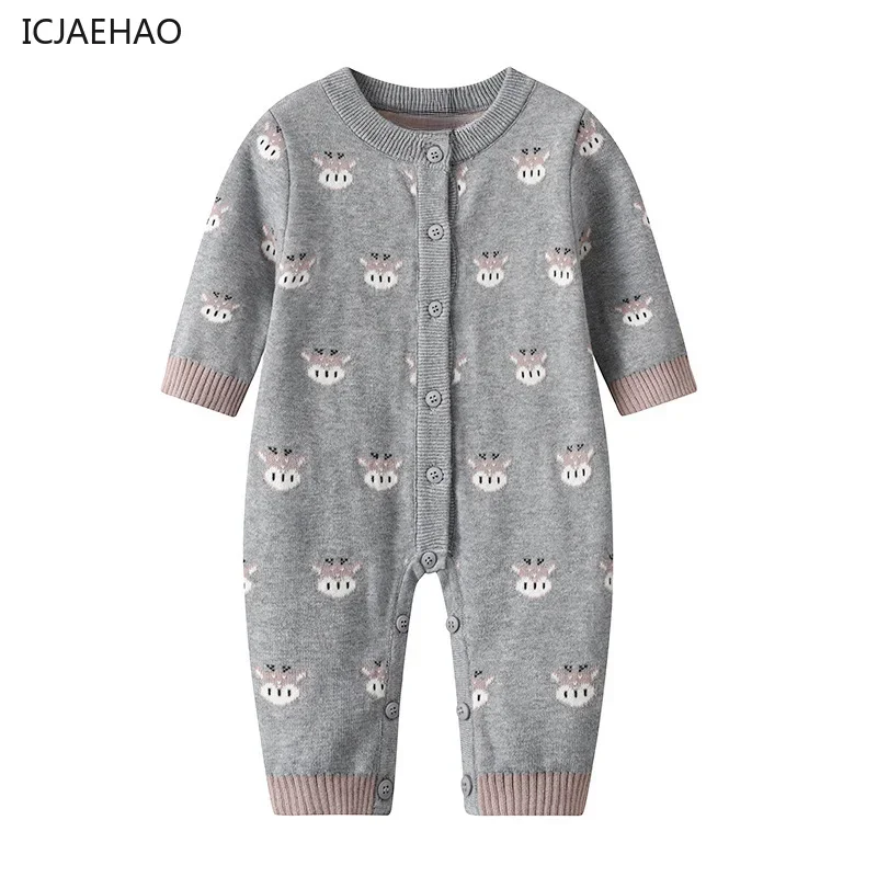 

ICJAEHAO 2024 Double-layer Knitted Jumpsuit Baby Fawn Ha-ha Clothes Front Buckle Sweater Climbing Suit Explosions Spring Autumn