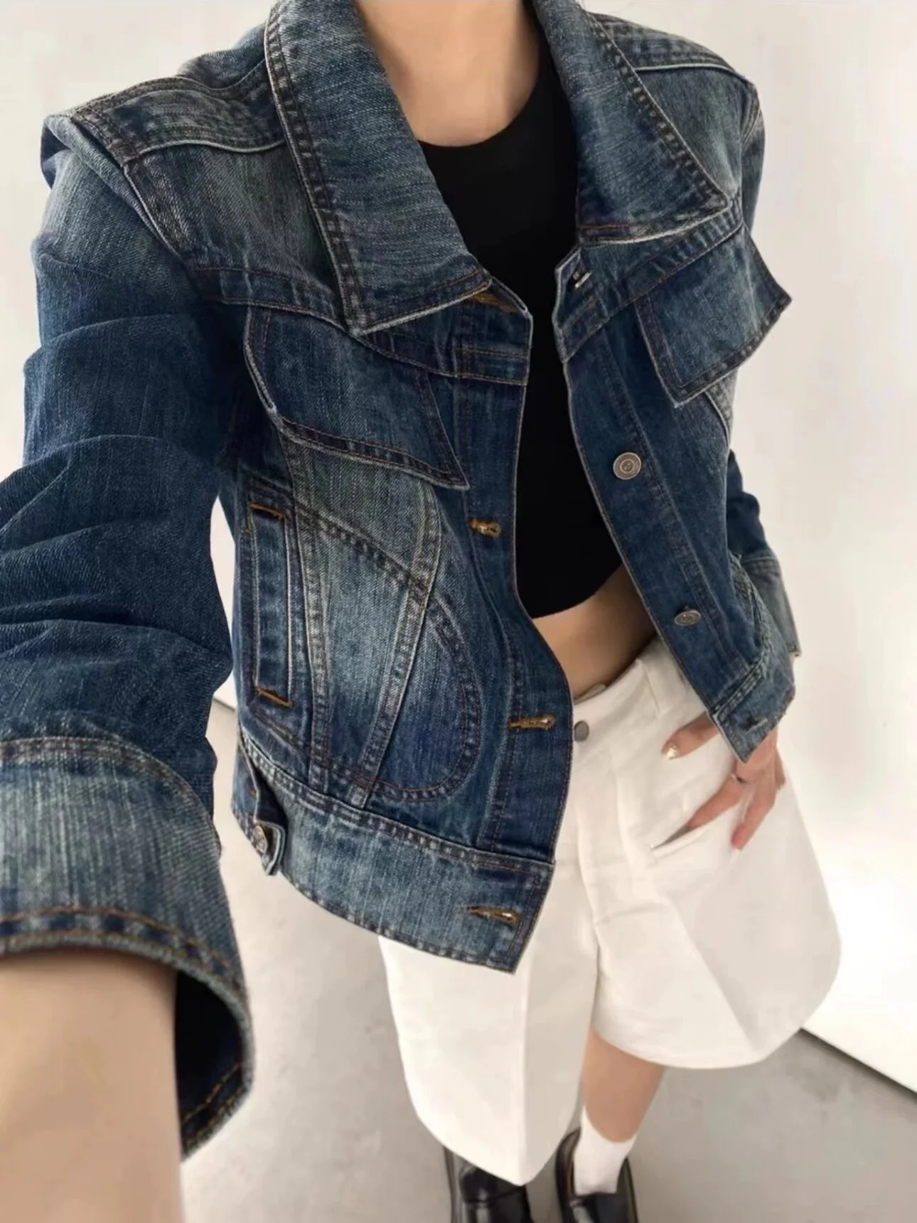 

Noaytok American Retro Waed Patchwork Slim Fit Sexy Girl Denim Jaet Women's ort Outerwear Polyester Blend Casual Sle