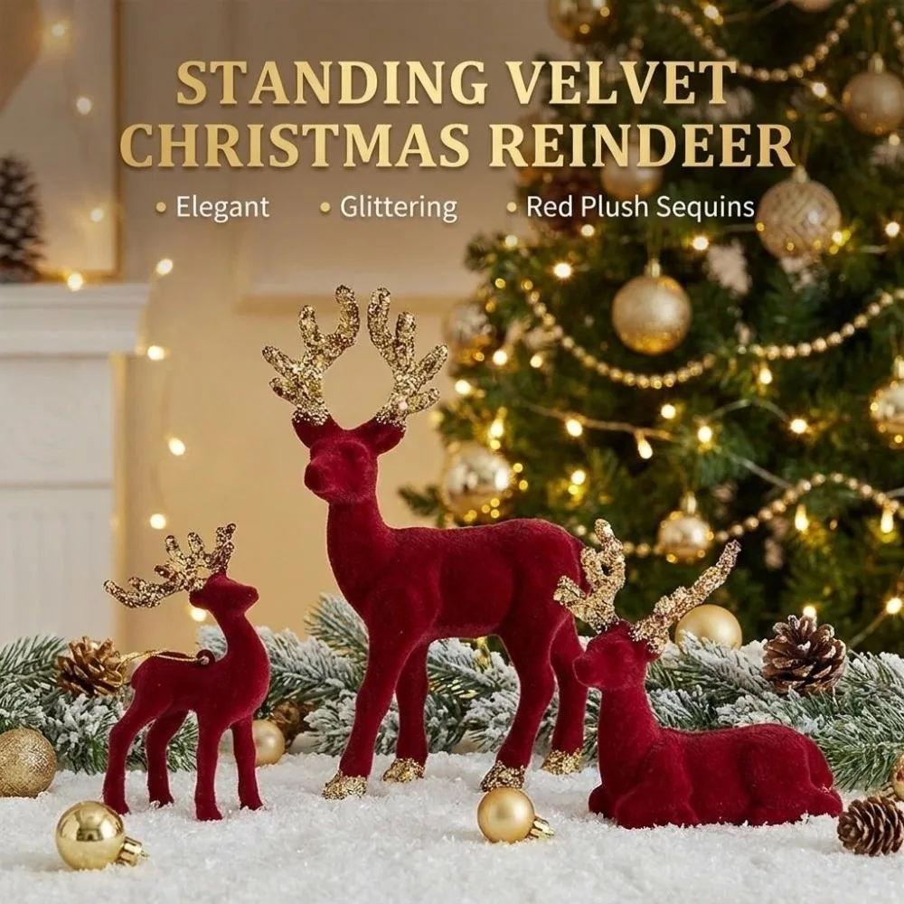 Elegant Standing Velvet Christmas Reindeer Glittering Simulation Christmas Red Deer Figurines Red Plush Sequins cute