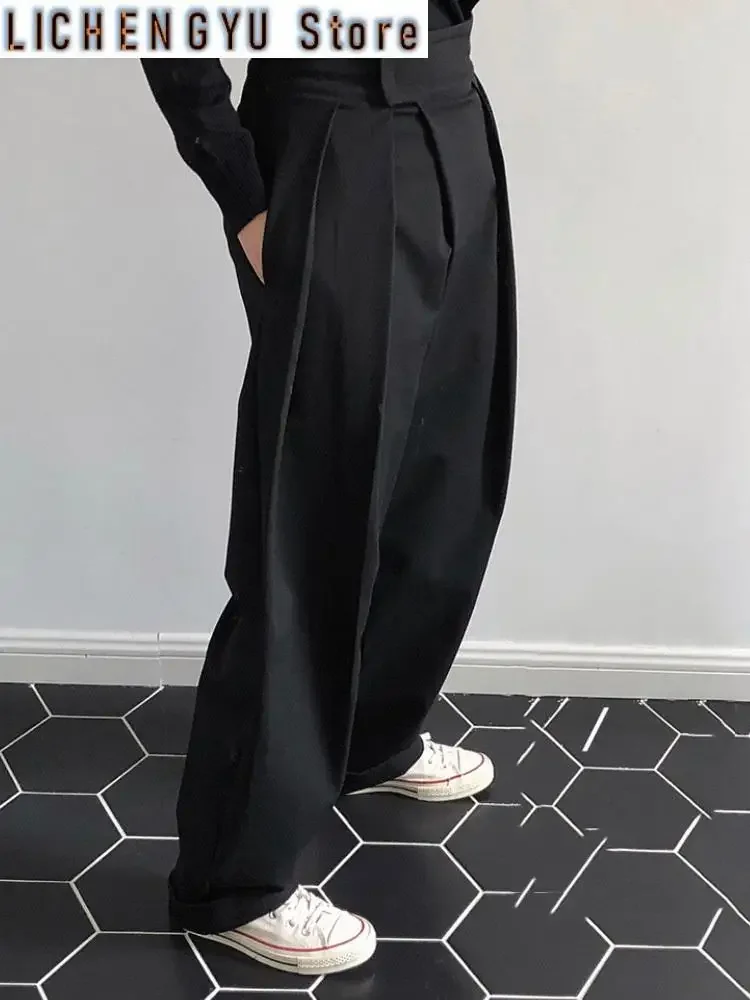 High Waist Black Pleated Long Asymmetric Wide Leg Pants New Loose Fit Trousers Women Fashion Spring Autumn