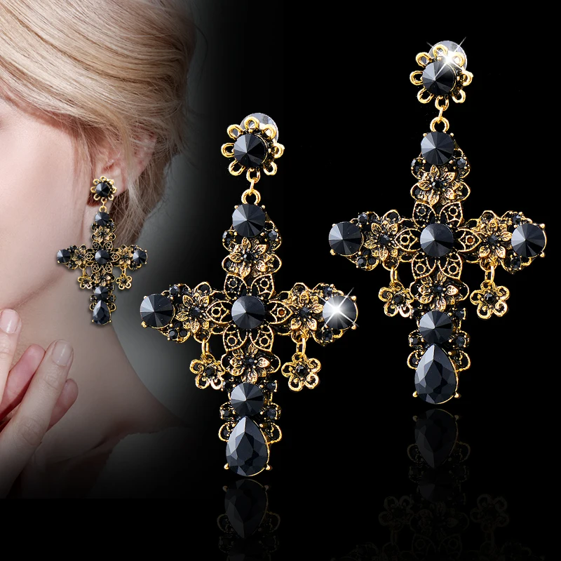 LEEKER Vintage Black Cross Drop Earrings for Women Antique gold color Fashion Jewelry Accessories Cubic Zirconia earring 380 LK6