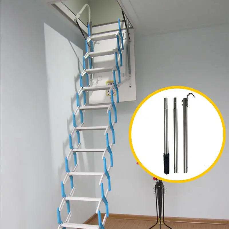 Attic Stairs Pull Down Kit Telescopic Ladder Tool with Storage Hooks Loft Extension Pole Home Improvement Attic Access Solutions