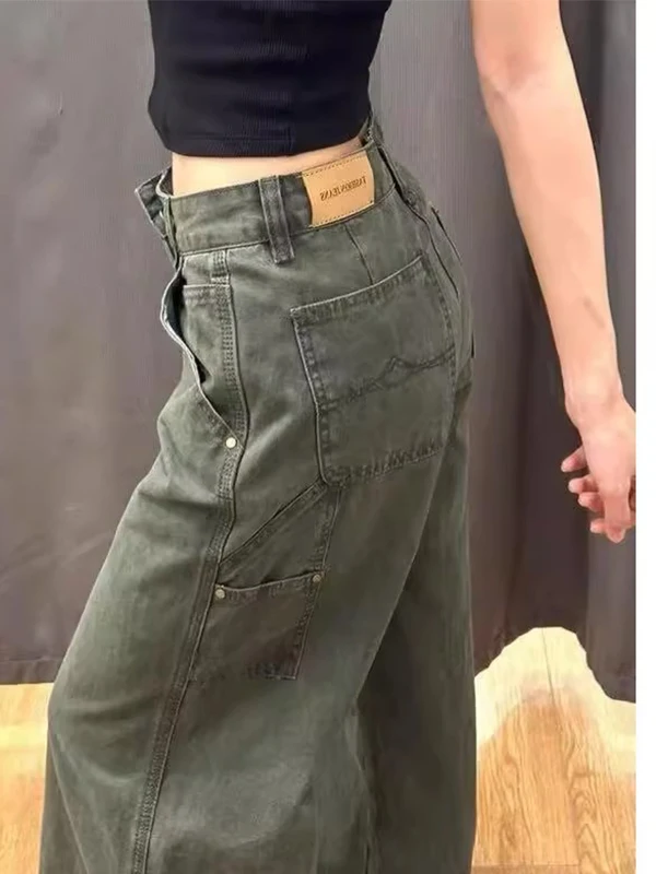 

American Military Green Workwear Straight Leg High Waist Jeans Women's Retro plus Size Loose Fit Slimming Long Trousers