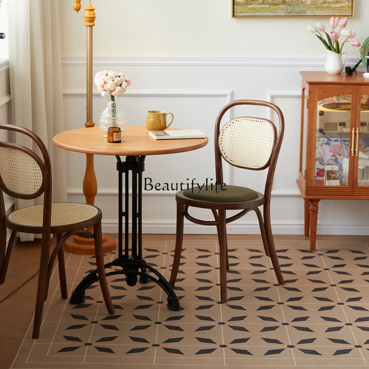 Retro Solid Wood Rattan Dining Chair French Modern Dining Chair