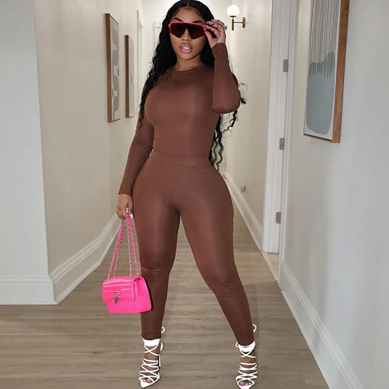 

Однотонные эластичные спортивные костюмы-футляры, женский комплект из двух предметов, топ и брюки с длинными рукавами и круглым вырезом, спортивные повседневные одинаковые комплекты для фитнеса