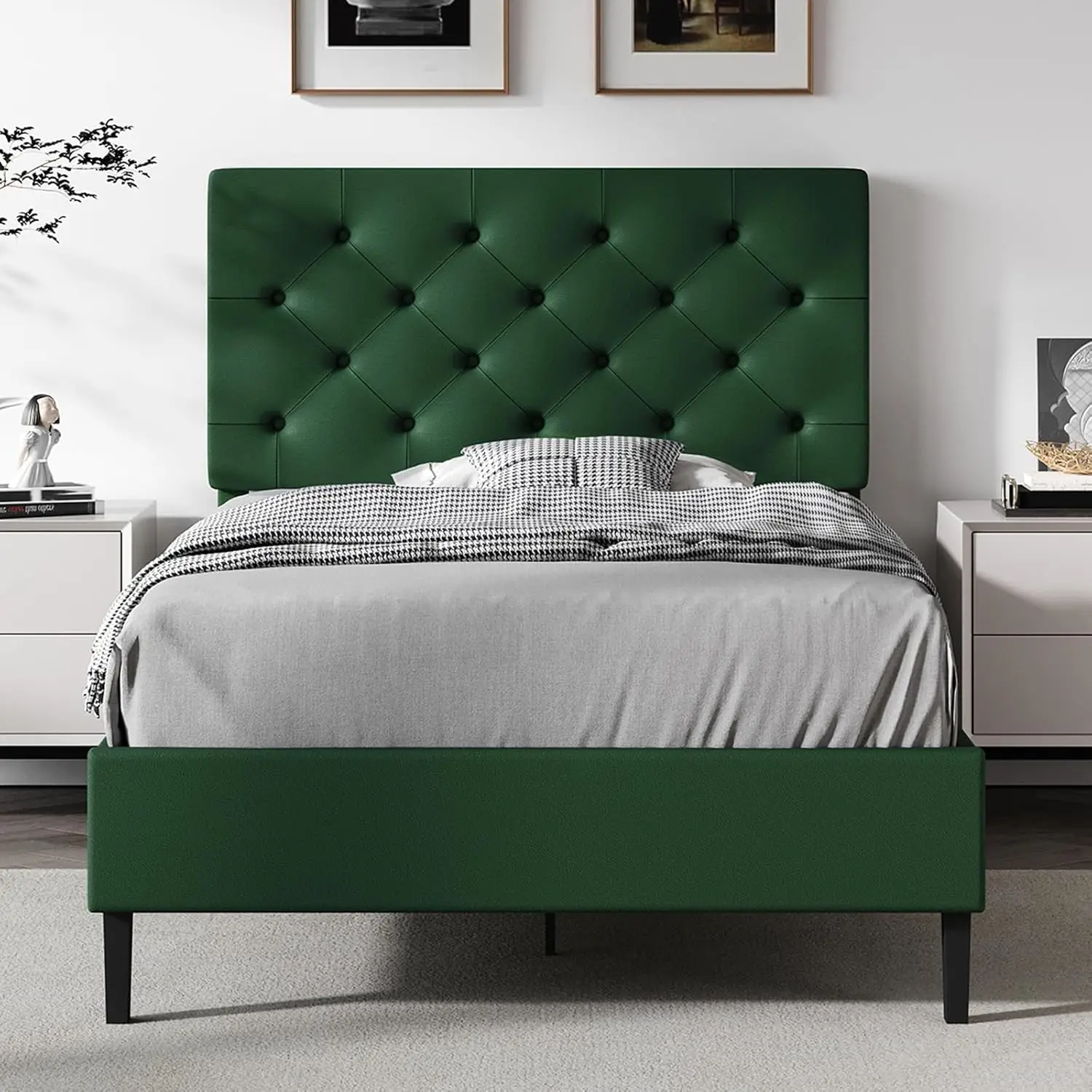 

Мягкая кровать-платформа Twin с изголовьем из искусственной кожи, деревянными ламелями, без пружинного блока, зеленая, на заказ