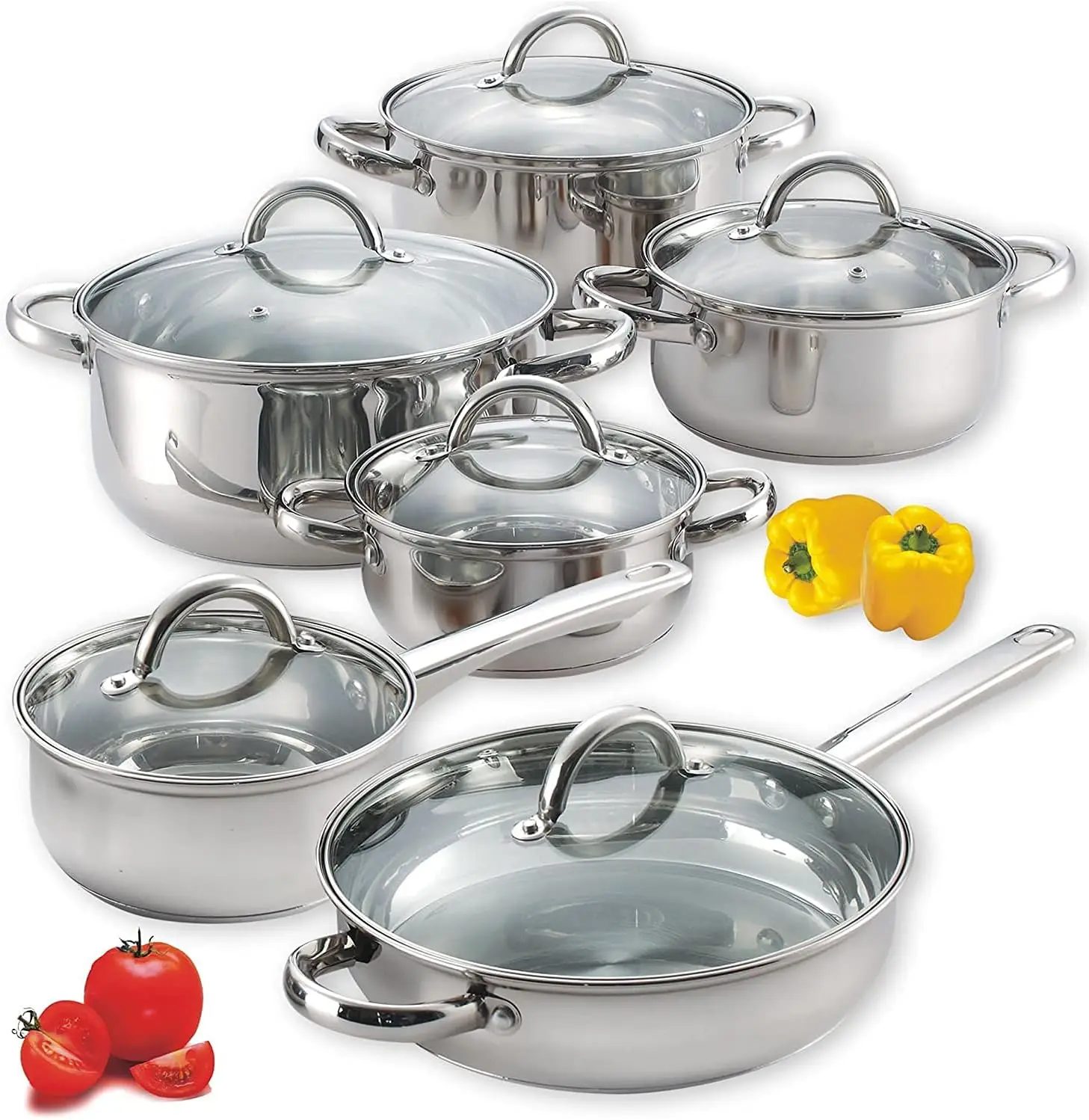 

12-Piece Stainless Steel Cookware Set with Glass Lids, Induction Compatible for All Stovetops