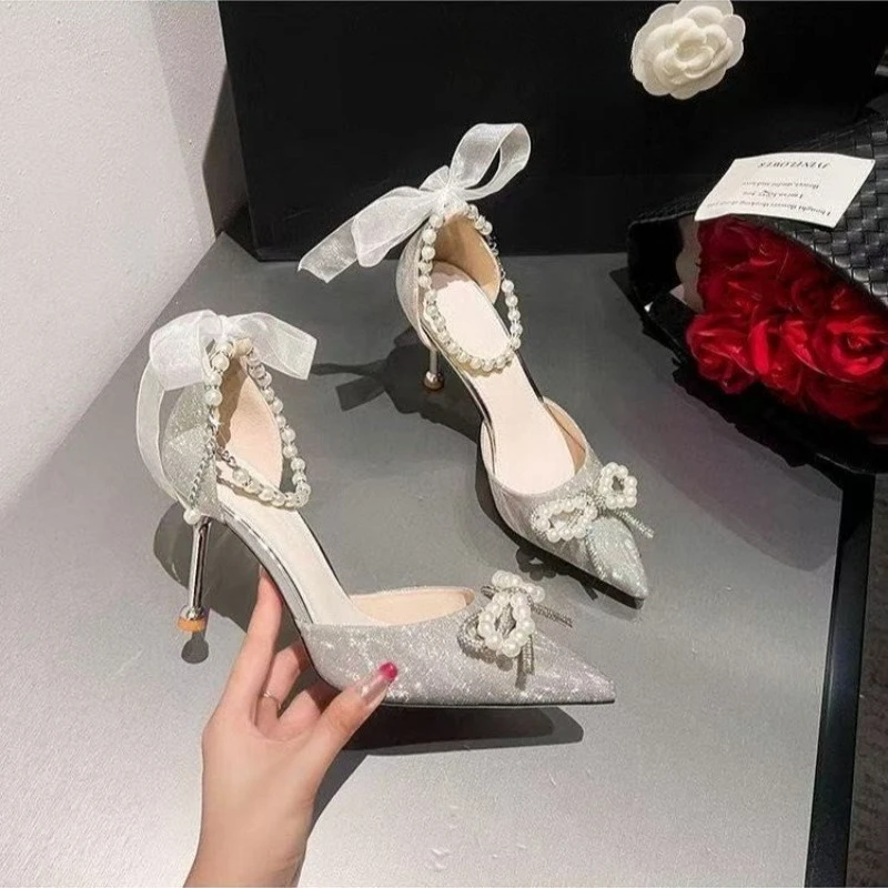 

Women High Heeled Sandals Summer Fashion Bow Pearl Woman Pointed Toe Pumps Elegant Woman Sandals Party Lady Shoes