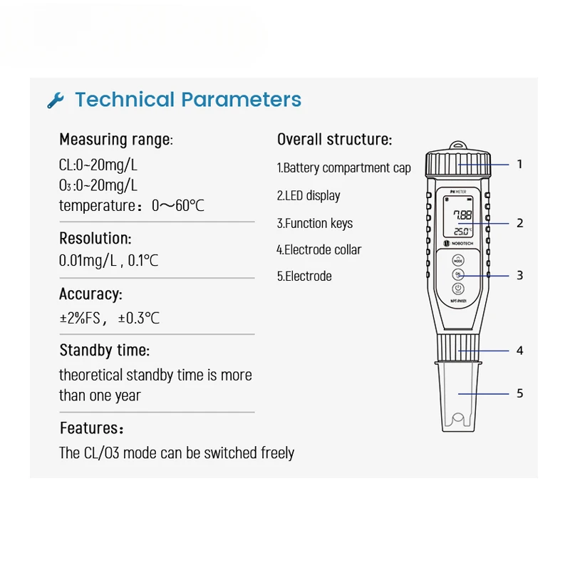 Portable free chlroine meter NPT-CLOZ801 ozone water tester for drinking water portable residual chlorine meter