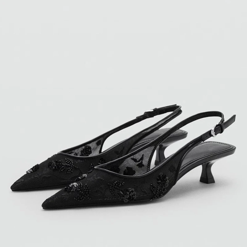 

Elegant Mesh Embroider Low Heel Sandals Women Summer Brand String Bead Pointed Toe Heels Mules Fashion Wedding Bridal Dress Shoe
