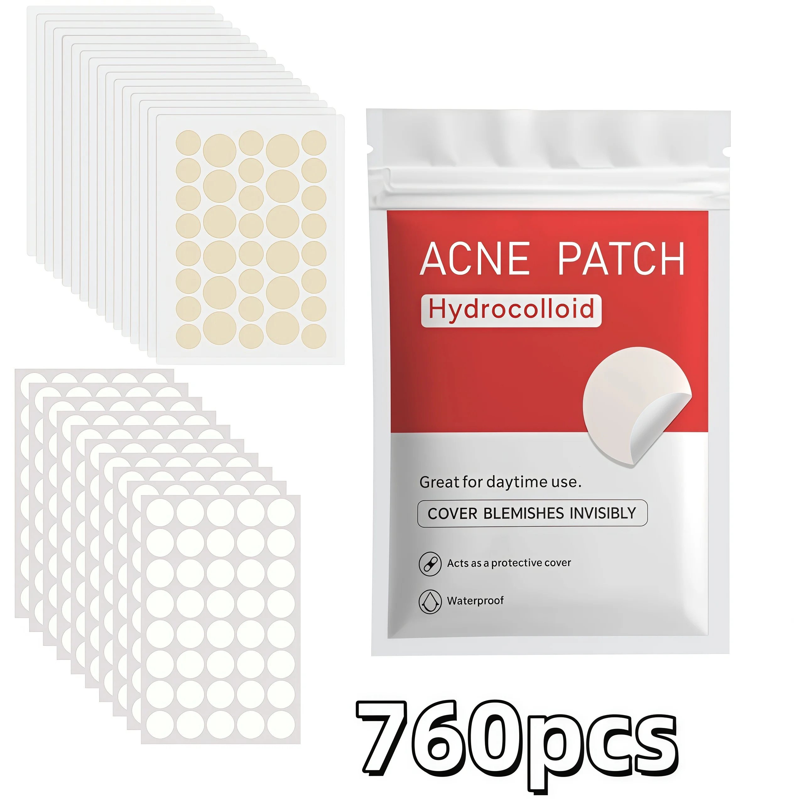 380/760pcs Round & Nude Acne Patches, Hydrocolloid Stickers, Covers Pimples & Blemishes, Gentle, Invisible, Travel Ready