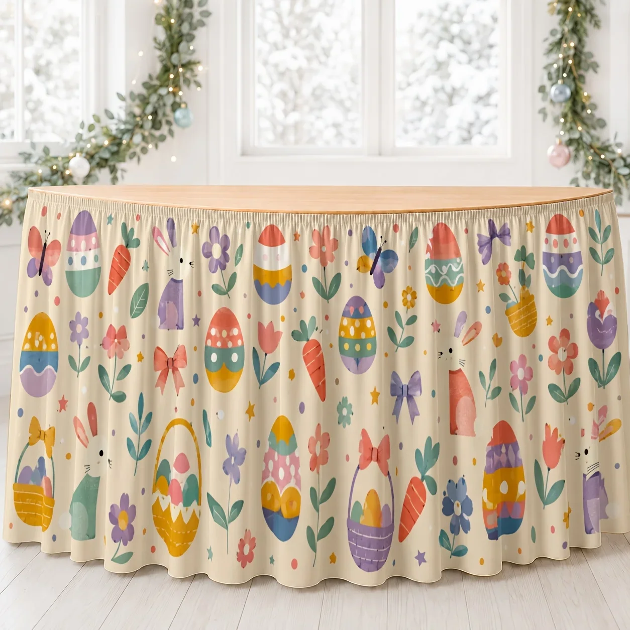 Easter table skirt with printed polyester festive colorful fun spring decoration celebration picnic