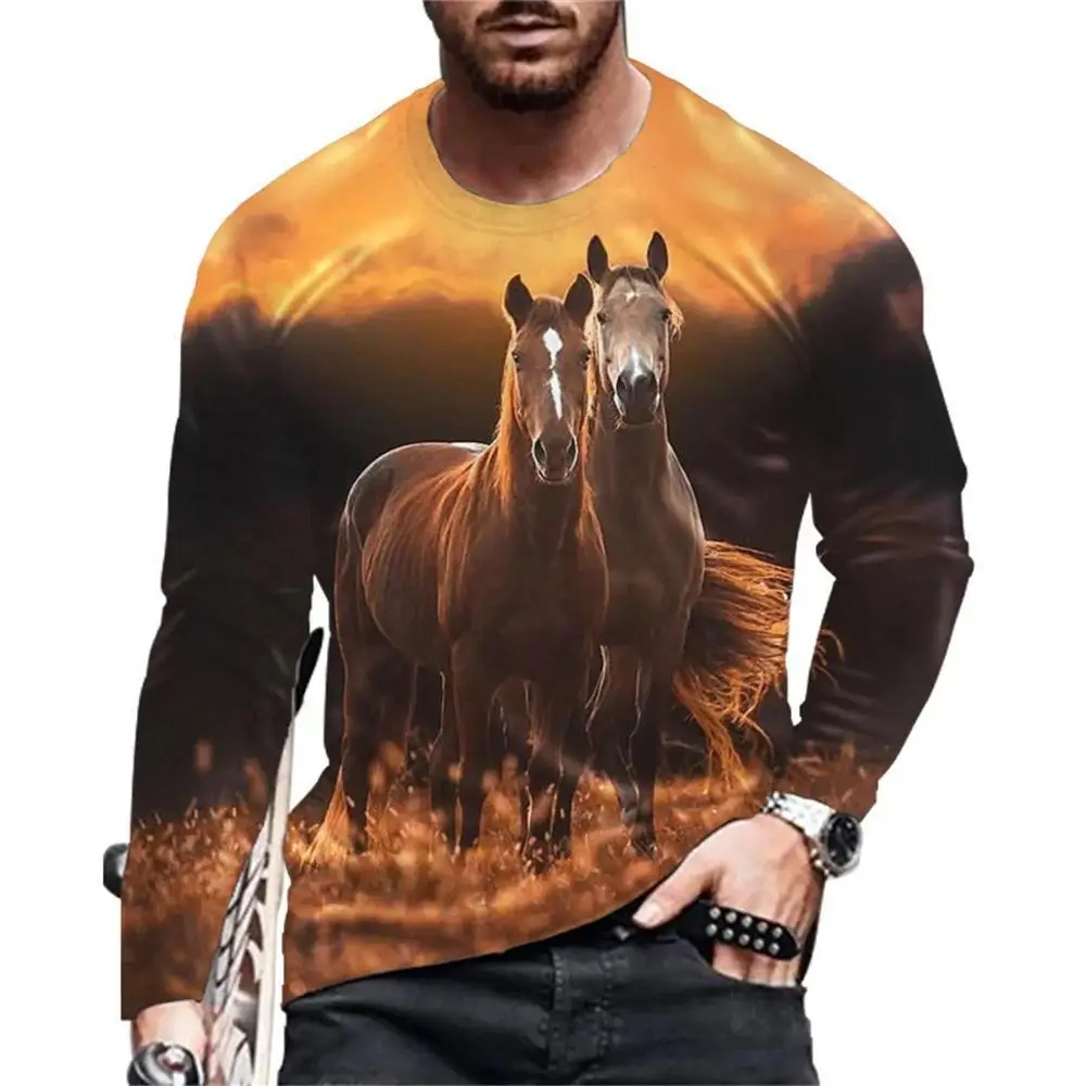 Animal Horse Pattern Printed Men's Long Sleeved T-Shirt Creative Personality Street Fashion Casual Quality Comfortable Clothing