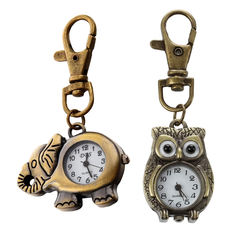 2 Pcs Bronze Tone Elephant Pendant Lobster Hook With Owl Shape Keyring Watch 37X24mm