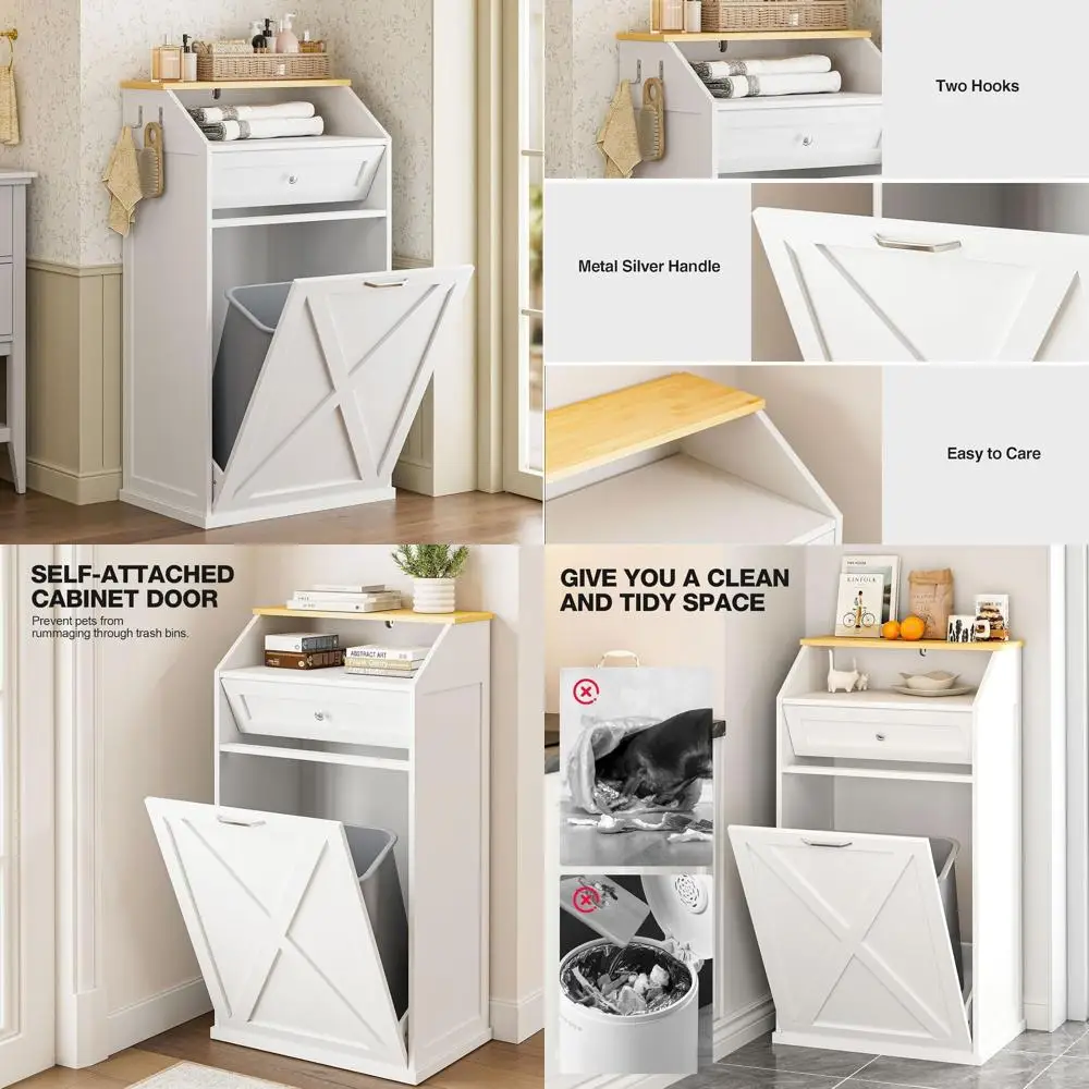 

Модернизированное белое деревянное мусорное ведро емкостью 13 галлонов с откидным шкафом для переработки