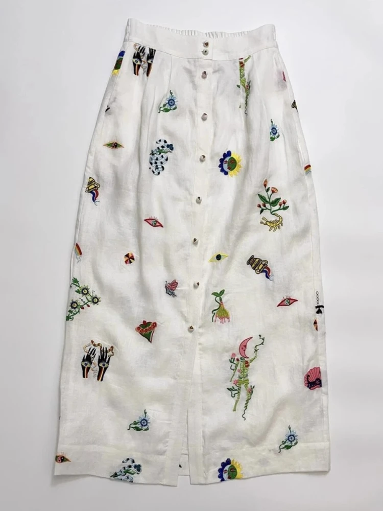 

American Retro Light Beige Linen ter Skirt Women's Summer New High Waist Fun Print Split Wrap around Skirt