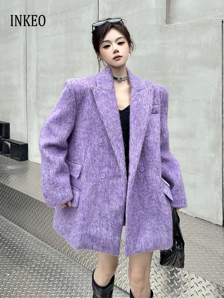 

Stylish women warm blazer Light purple 2026 Spring Vintage Pockets Double breasted jacket Oversize Ladies coat INKEO 5O126
