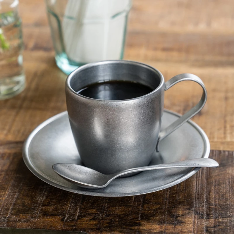 

Stainless steel coffee cup and saucer set retro frosted coffee cup
