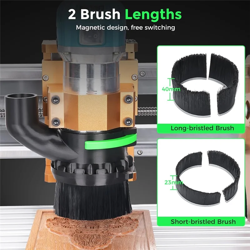 AWAH voor CNC-routermachine stofschoen 65 mm en 69 mm diameter, dubbele borstellengtes, 38 mm (1,5 inch) slangcompatibiliteit