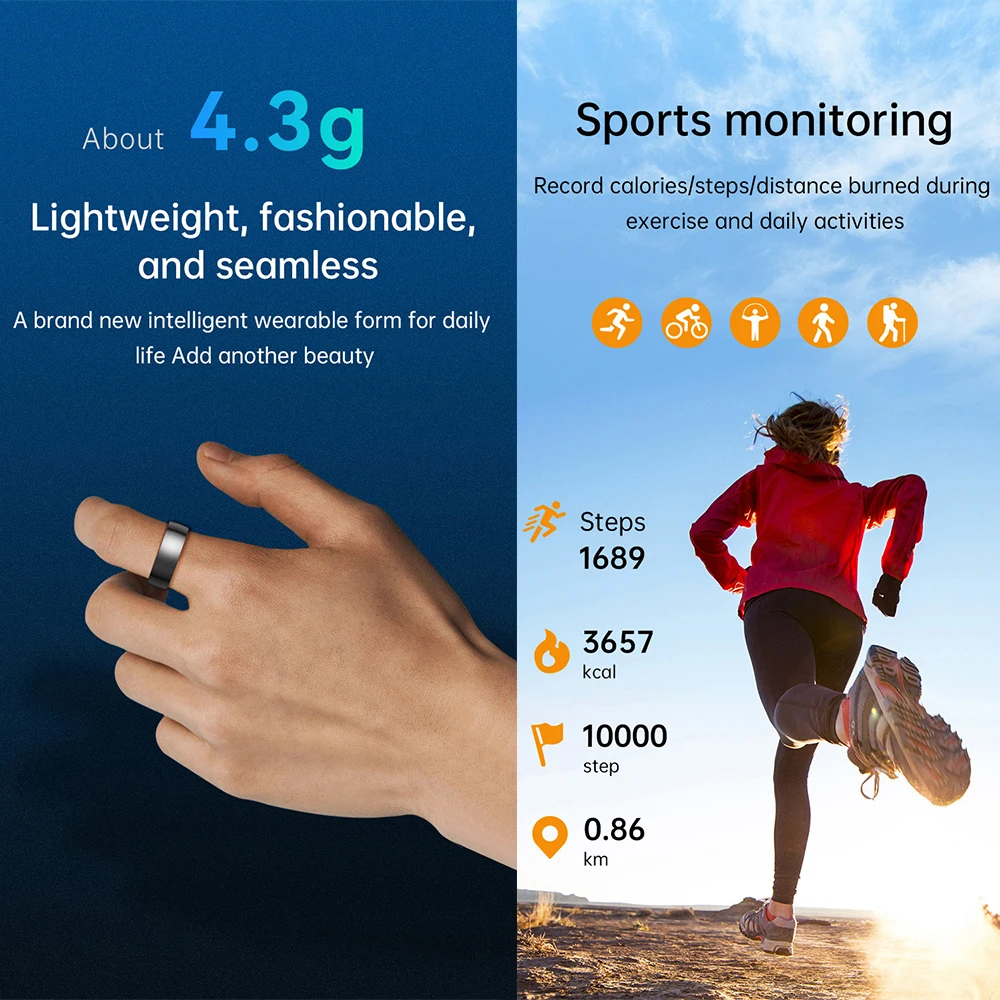 R1000 الفولاذ المقاوم للصدأ موضة حلقة ذكية IP68 Waterperoof معدل ضربات القلب الأكسجين في الدم رصد الضغط أنيق البنصر الرجال النساء