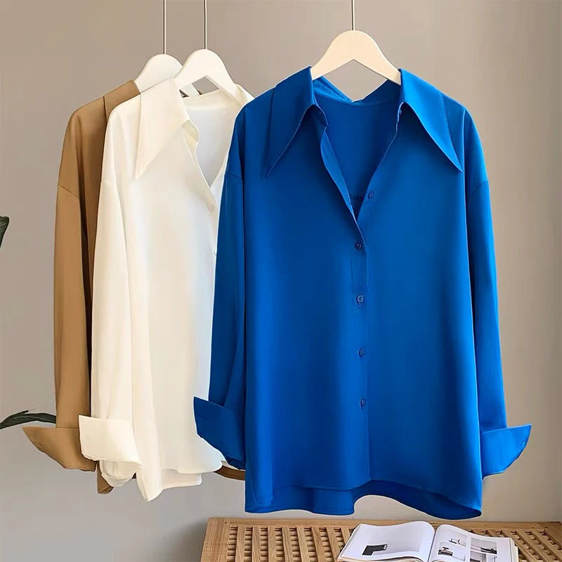 Korean Fashion Simple Office Lady Business Casual Retro Button Up Shirt Elegant Loose Long Sleeve Solid Blouse Top Women Blusas