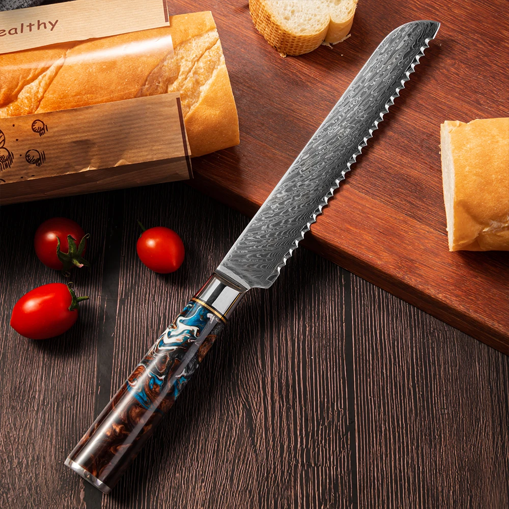 YAN 7.5 Inch Japanese Damascus Bread Knife Chef 67 Layers VG10 10Cr15CoMoV Steel Composited Resin Brown Maple Burl Handle