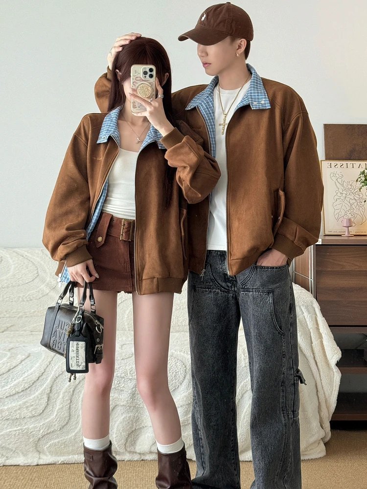 

Couples Matching Heavyweight American Sle Plaid Suede Zipper Splicing Jaet Loose Fit Long Sve Windproof Youth Outerwear