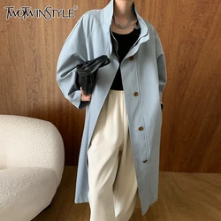 TWOTWINSTYLE Solid Casual Patchwork Lace Up Coats For Women Stand Collar Long Sleeve Spliced Single Breasted Loose Trench Female