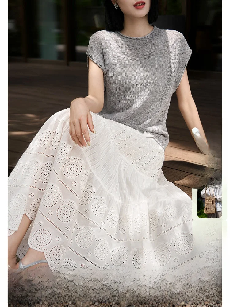 

Юбка-трапеция в стиле бохо с объемной вышивкой и вырезами, свободного кроя, с высокой талией, из хлопка, с принтом «Облачный пейзаж», модель «Облачная башня», для офиса (OL)