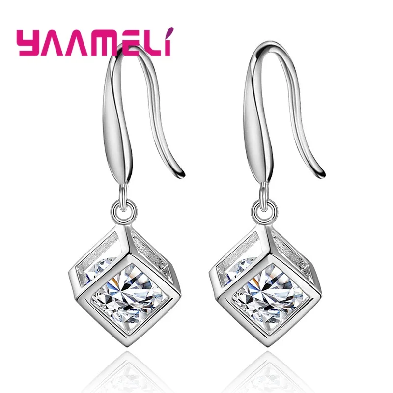 Delicate Square Shape Cubic Zircon Drop Earrings Trendy 925 Sterling Silver Ear Hooks for Women Girls Birthday Party Gift