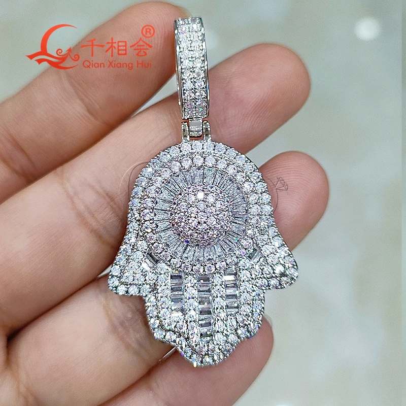 28.5*51.5mm  Hamsa Hand   D VVS white moissanite pendant  925 Sterling Silver hip hop  Iced Out Cuban Jewelry datting