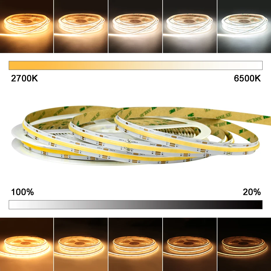 

DC 24V CCT COB LED Strip Light 2700K to 6000K Dimmable LED Tape Super Bright Flexible Ribbon For Indoor Decoration Lighting