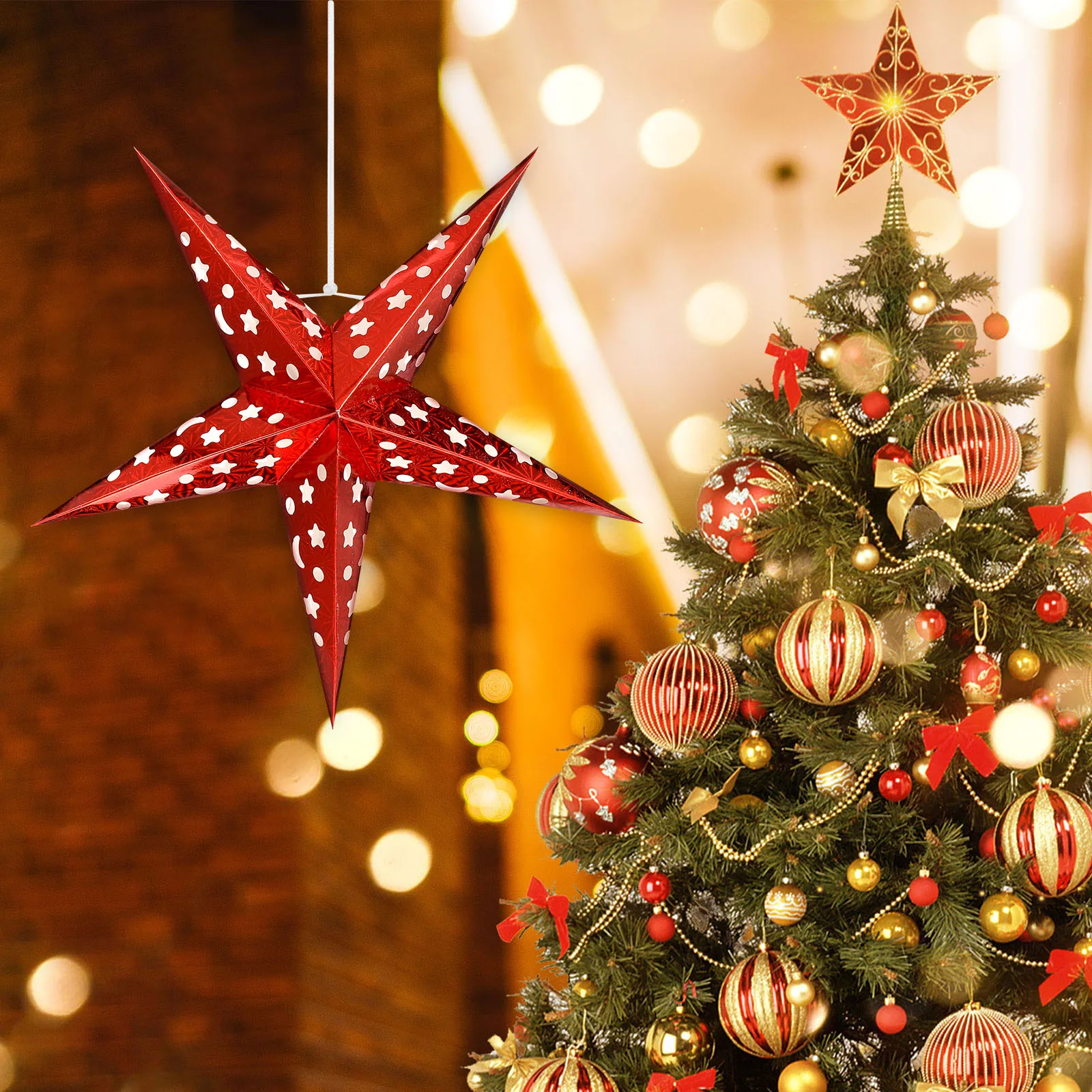 5pcs 45Cm Star Lamp Shade Red Paper Hanging Ceiling Light Decor For Wedding Birthday Home Party Bedroom Fairy String Lights