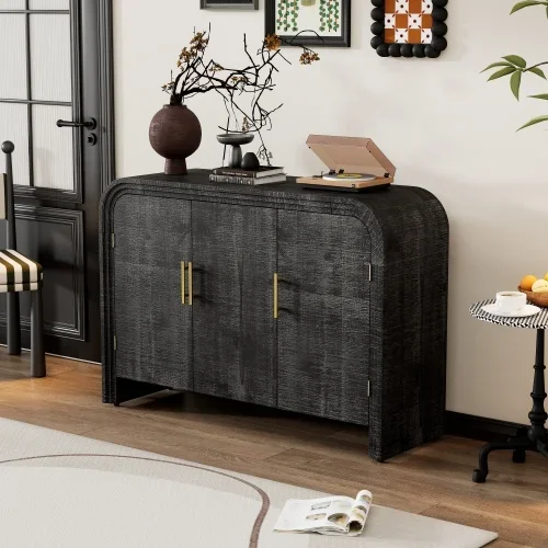 Vintage minimalist mango wood sideboard curved design with gold handle adjustable baffle, suitable for living or dining room