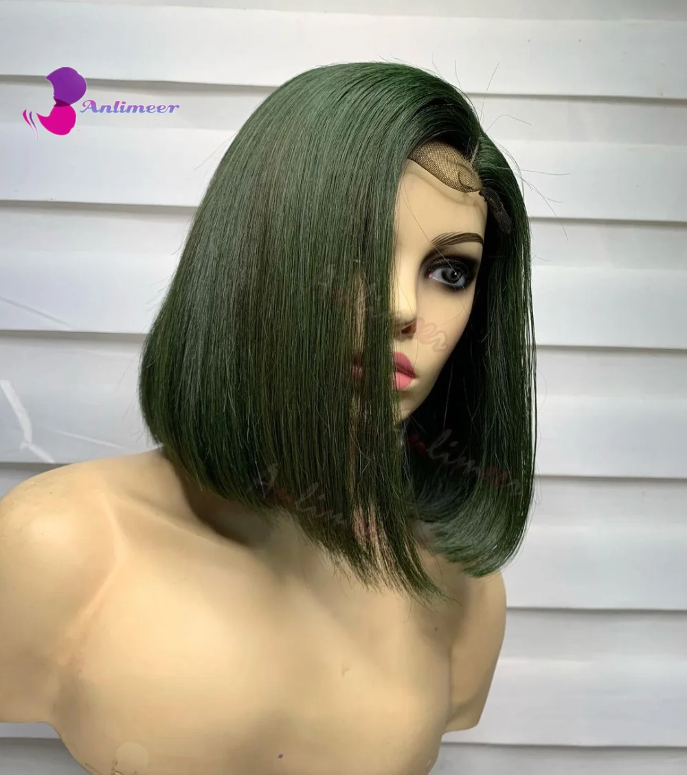 Blackish Green Wigs for Women Short Bob Wig Left Side Part Lace Front Wigs Human Hair for White Women Dark Green Colored Wigs