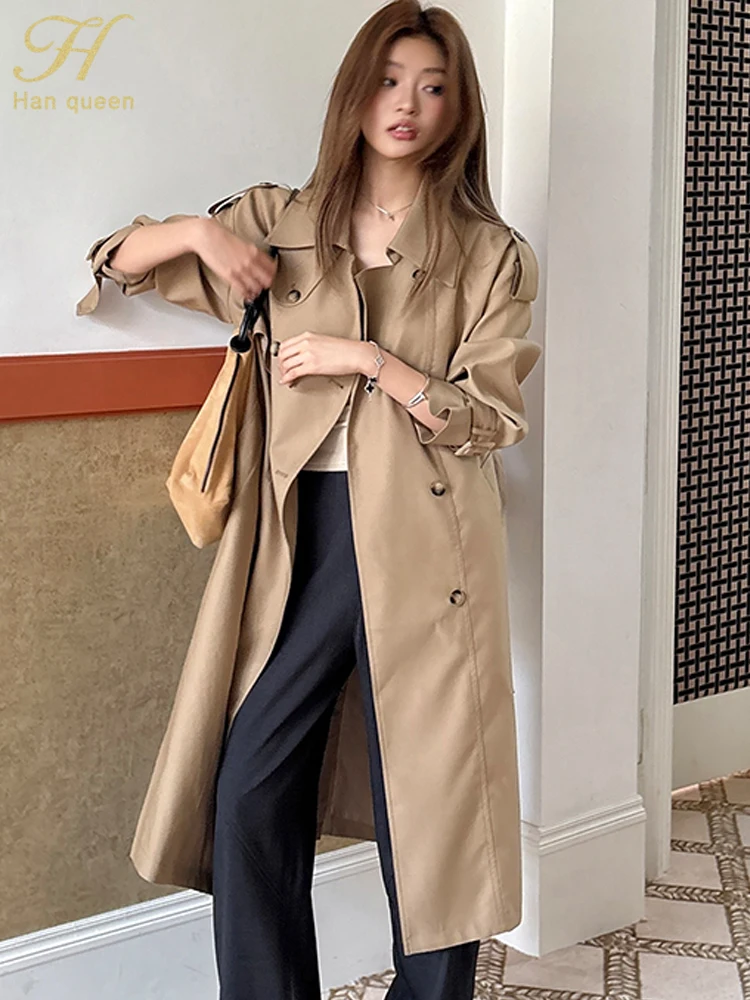 

H Han Queen Autumn Winter Clothes Woman Cropped Trench Coat Retro Double breasted khaki Women's Long Trench Coats 2025 Elegant