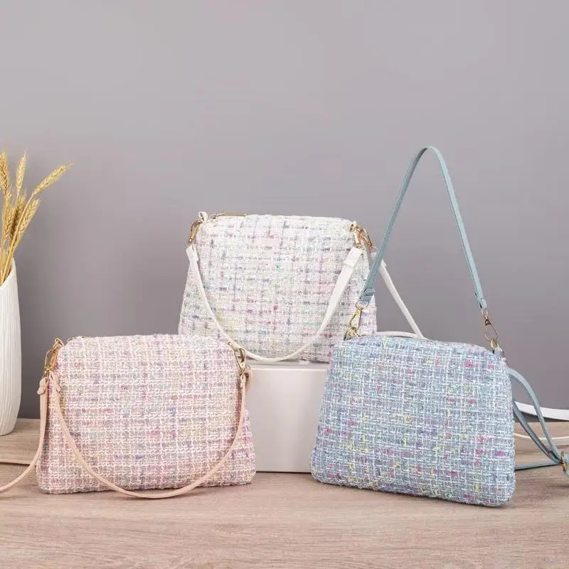Fashion Tweed Crossbody Bag With Adjustable Strap Cute Plaid Design Perfect For Daily Shopping Dating Casual Trips