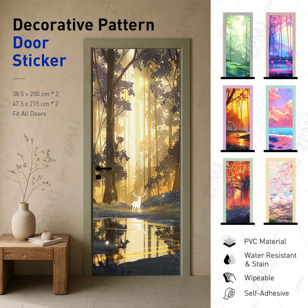 Splendid Scenery Door Sticker 3D Self-adhesive PVC Door Decal for Living Room Bedroom Decor Good Luck To Reindeer Door Sticker