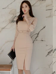 Korean Fashion Spring Autumn Elegant Women Pencil Dress Commute Formal Chic Solid Sexy O-Neck Slim Slit Midi Party Mujer Vestido