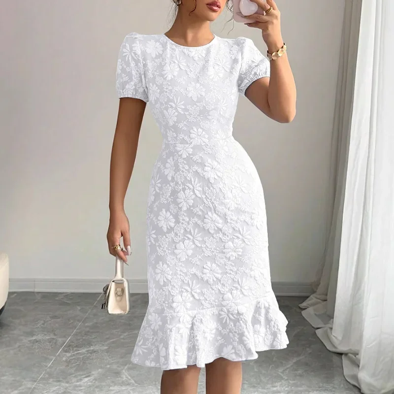 Women O-Neck Embroidery Ruffle Party Dress Summer Floral Casual Short Sleeve Solid Slim Wrap Hip Dreses Vacation Temperament