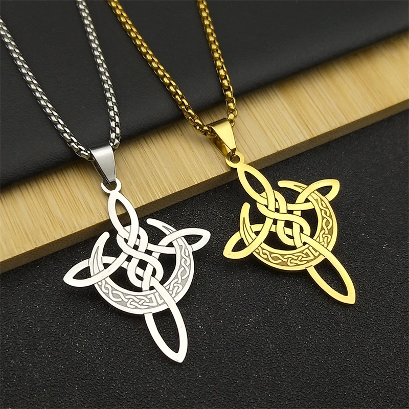 Witch Crescent Moon Knot Pendant Necklace for Women Men Stainless Steel Gold Color Irish Celtic Knot Chain Jewelry NZZZ790S02 - view 5