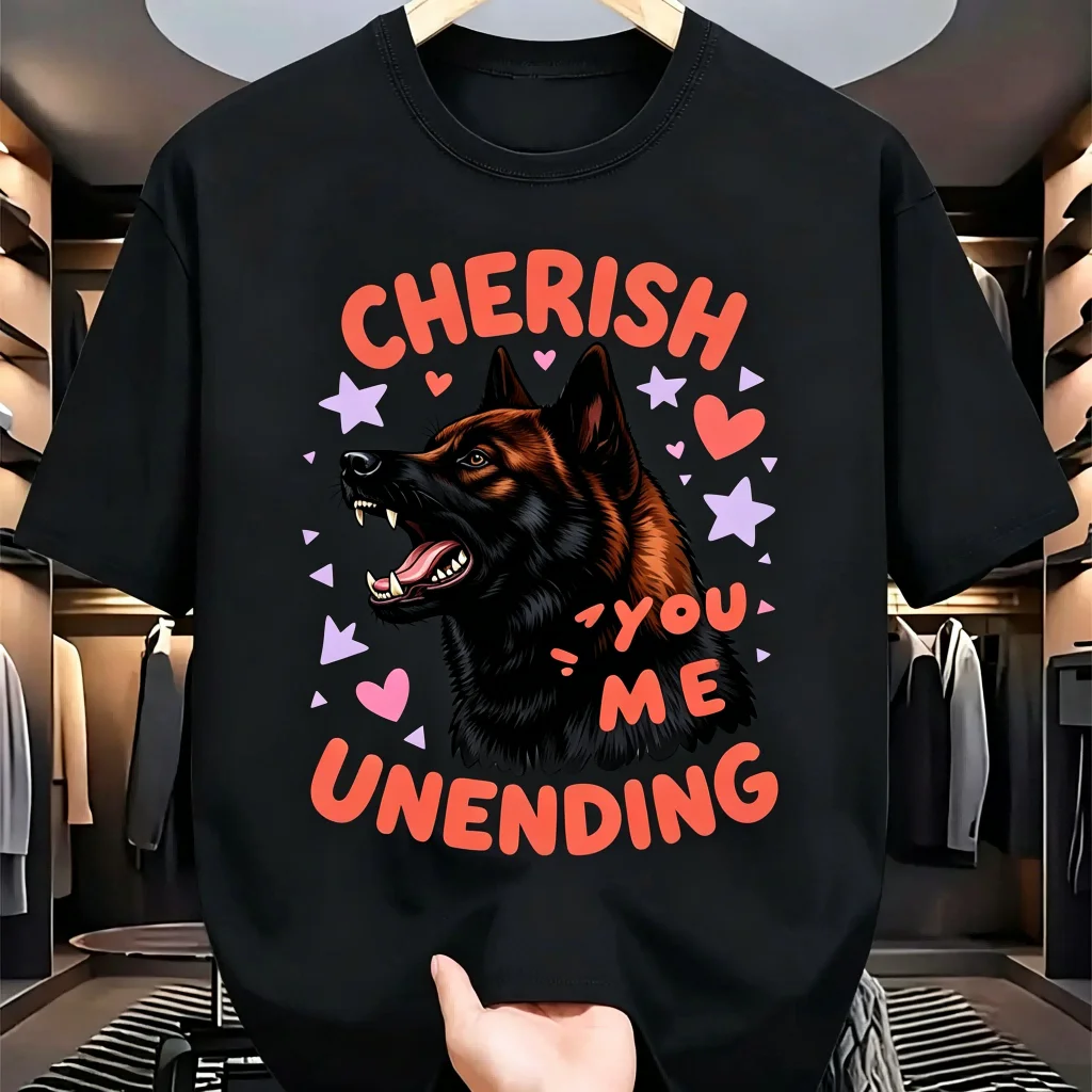 Camiseta de algodón negra para hombre, camiseta de manga corta informal con estampado de perro Malinois belga Cherish You Me Unending