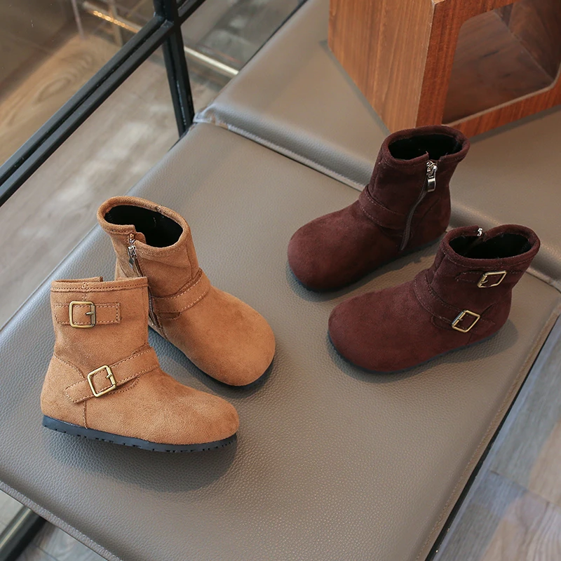 Toddler Girls Suede Leather Boots with Buckle 2026 New Winter Kid Warm-lined Ankle Boots Non-slip Simple Retro School Daily Wear