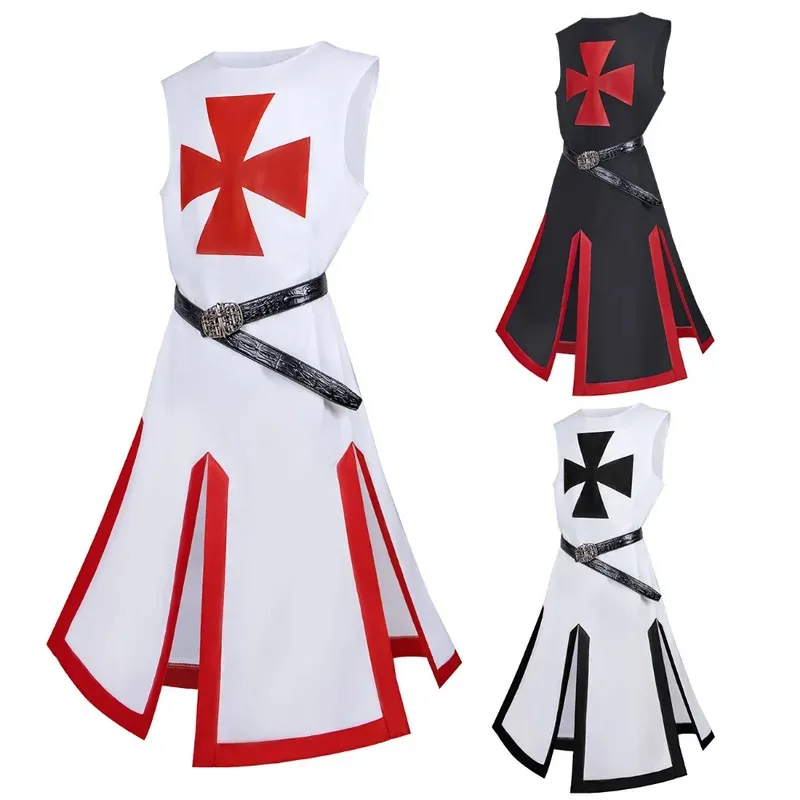 

ss23Medieval Templar Knight Cosplay Costume Men Long Short Sleeve Surcoat Catholic Religion Crusader Role Play Tunic Halloween P