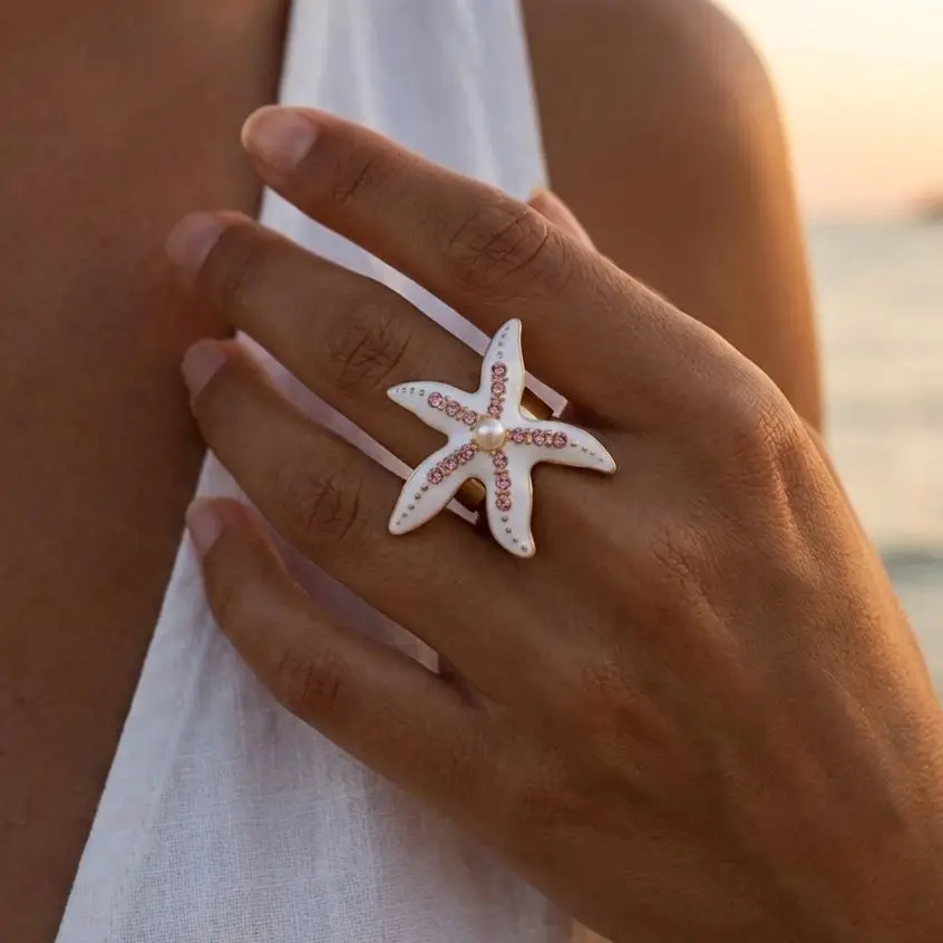 Charm Pink Rhinestone Starfish Ring for Exaggerated Blue Enamel Wrinkled Starfish Adjustable Ring Charms Summer Beach Jewelry
