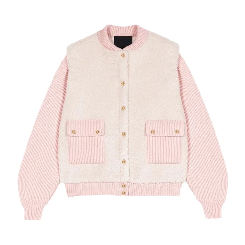 M Home 2023 otoño nueva mujer Faion Anti-piel de cordero tejido largo Sve empalme prendas de vestir exteriores rosas Ele Sle Color puro